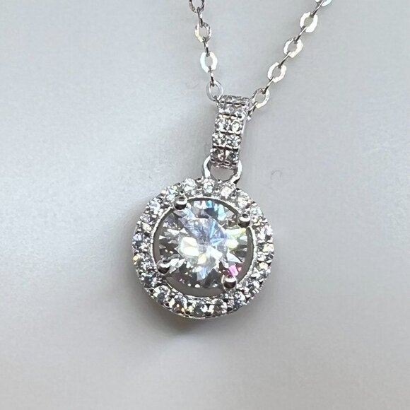 Certified 1ct. T.W. Platinum Over S925 Moissanite Diamond Halo Necklace Bridal